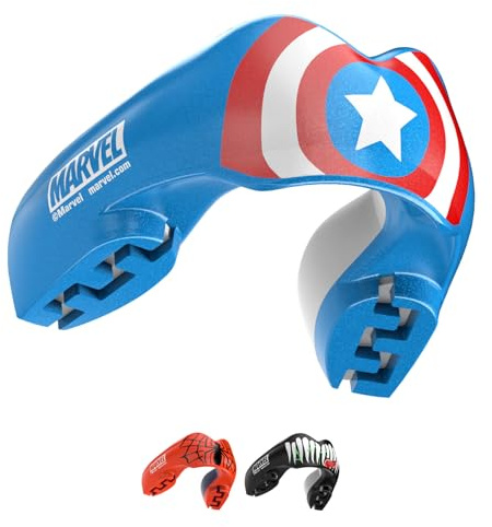 Marvel Captain America Protector bucal deportivo para aparatos ortopédicos, talla única, con funda para boxeo, MMA, rugby, artes marciales, judo y todos los deportes de contacto