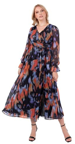 Lovedrobe Women's Midaxi Dress Ladies Ankle-Length Long Sleeve V-Neck Faux-Wrap Front Tie Belt Abstract Print A-Line Evening Party Vestito, Multicolore, 40 Donna