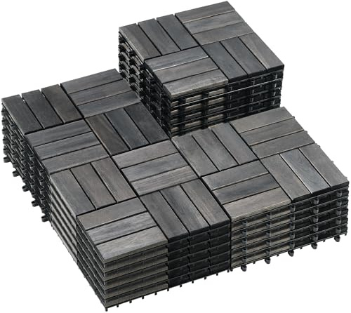 PrimeZone 27 PCS Solid Acacia Wood Interlocking Patio Deck Tiles - 12 x 12 Indoor Outdoor Waterproof Flooring for Balcony, Backyard & Poolside, All Weather Use, Black Espresso, Checker