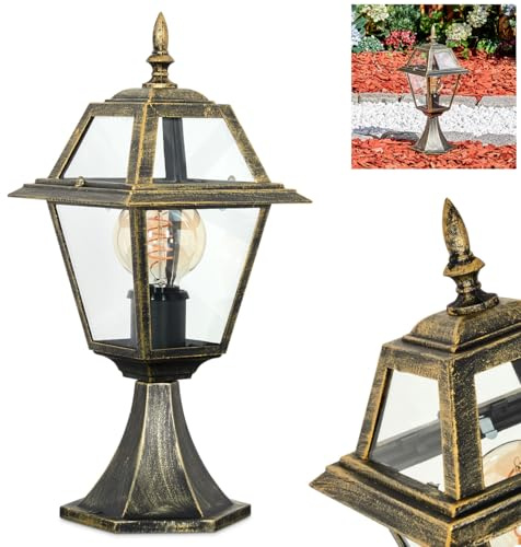 HOFSTEIN Sockelleuchte Fornelos, Sockellampe aus Metall/Glas in Schwarz/Goldfarben/Klar, Wegeleuchte im Vintage/Antik/Landhaus-Design für Garten/Außenbereich/Terrasse/Hof, Höhe 44,5 cm, E27, IP44