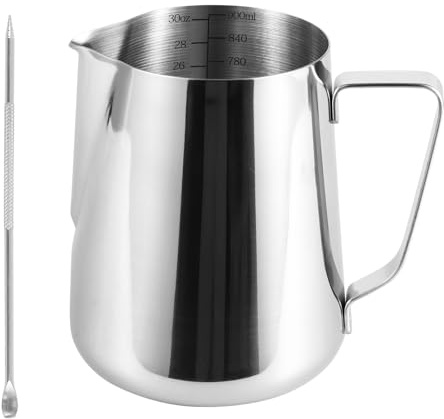 Milk Frothing Jug 900ml/32oz, Premium 304 Stainless Steel Milk Pitcher with Measurement Inside, Barista Coffee Frother Jug for Espresso, Latte Art and Cappuccino, Silver