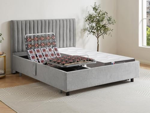 Vente-unique-Dekoratives Bett mit elektrischer Relaxfunktion mit Tellern + 3-Zonen-Matratze aus 100% Latex - 2 x 90 x 200 cm - Stoff - Grau - TIARI von YSMÉE