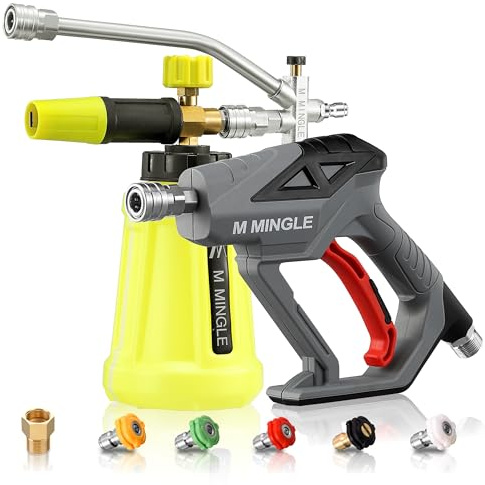 M MINGLE Hochdruckreiniger-Pistole mit Schaumkanone, Schaumkanone Dual Connector Zubehör, Autowaschschaumpistole Kit 1/4 Zoll Schnellanschluss, 5 Hochdruckreiniger-Düsenspitzen