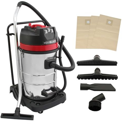 Aspirapolvere Industriale 80L Wet&Dry 3000W, Motore Triplo, Acciaio Inox, 4 Accessori, 3 Sacchetti, Tubo 1.5m, Cavo 9m, Filtro in Tessuto per Pulizia Professionale