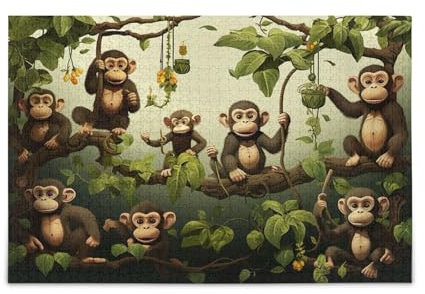 Five Cute Monkeys on Tree with Bananas and Leaves Wooden Jigsaw Puzzles 1000 Pieces Unique Jigsaw Puzzle Family Puzzle for Kids Adults