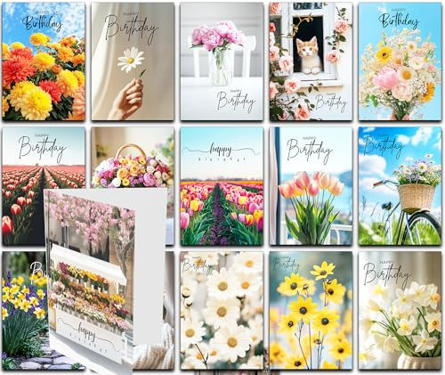 16 tarjetas de cumpleaños tamaño A5 (21 x 15 cm), tamaño A5, paquete múltiple clásico para mujer