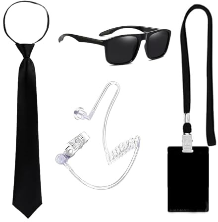 Sdhgerh 4 stycken män i svart kostym set agent säkerhet kostym tillbehör med solglasögon slips korthållare hörlurar rör för män kvinnor cosplay