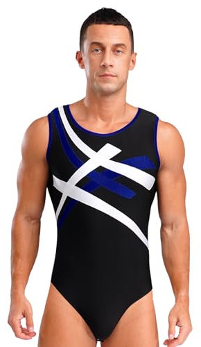 CHICTRY Turnanzug Herren Kurz Einteiler Body Sport Ärmellos Gymnastik Trikot Leotard Streifen Patchwork Trikotanzug Wettbewerb Tanzkleidung Navy blau XL