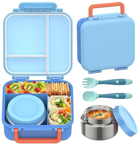 Bento Lunch Box for Kids with 9oz Thermo, Leak-proof Lunch Containers with 3 Compartments,Kids-friendly Size,Durable/Dishwasher Safe Lunch Box for School Outdoors-Blue