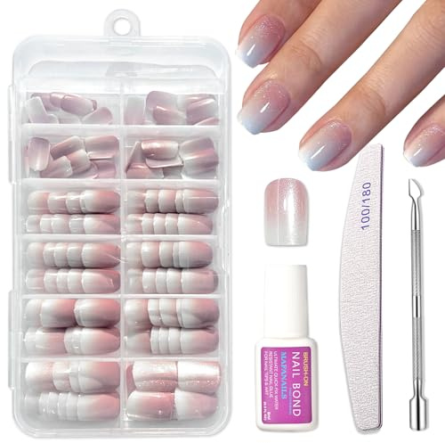 120PCS Cat Eye Press on Nails Set - Shimmer Ombre False Nails Short - Square Fake nails with Glue - 12 Sizes Stick on Nails for Women Girls - Full Cover Acrylic Nail Tips - Shiny Glitter Glue on nails