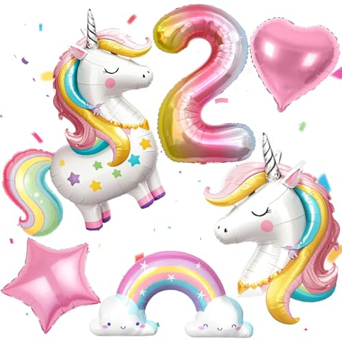PtyPop Einhorn Deko Kindergeburtstag Mädchen 1 2 3 4 5 6 Jahre, Einhorn Luftballon Stehend Folienballon Regenbogen Herzluftballons, Einhorn Kindergeburtstag Decorations Party Deko (2 Jahre)