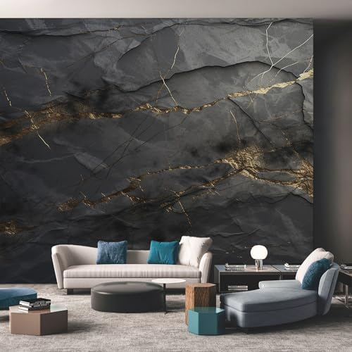 Generisch Tapete Schwarz gold Marmor Vliestapete Modern Kunst 352X250cm Fototapete Wohnzimmer Motivtapete Schlafzimmer Tapeten Deko, Mustertapete, Wandtapete D6