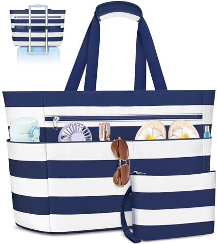 ENONEO Bolsa de Playa Grande XXL con Cremallera Familiar Bolsa Playa para Mujer Sauna Bolsa de Viaje Plegable Bolsa Impermeable Natación Verano Ligero Bolso de Mano Shopper Tote Bag 55L (Azul-Nuevo)