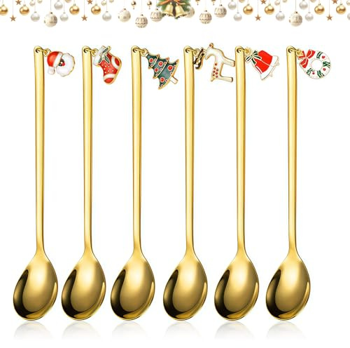 Cucchiaini di Natale, 6 cucchiaini da caffè in acciaio inox, con ciondolo natalizio, piccoli cucchiai, cucchiaini da tè, cucchiaini da dessert, con confezione regalo (colore oro)
