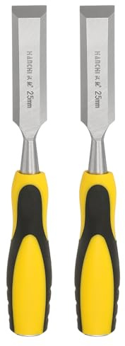 sourcing map 2pcs Steel Wood Chisel 25mm / 1 Blade Wood Working Flat Tip Chisel Woodworking Hand Tool with Non-Slip Plastic Handle for Carpentry Carving DIY Projects, Yellow-Black