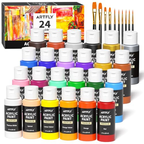 ARTFLY Pinturas Acrilicas, 24 Colores × 60ml con 10 Pinceles, No Tóxico, Impermeable, Kit de Pinturas Acrilicas para Tela Lienzo Piedra Madera, Acrilicos para Pintar para Artistas, Principiantes