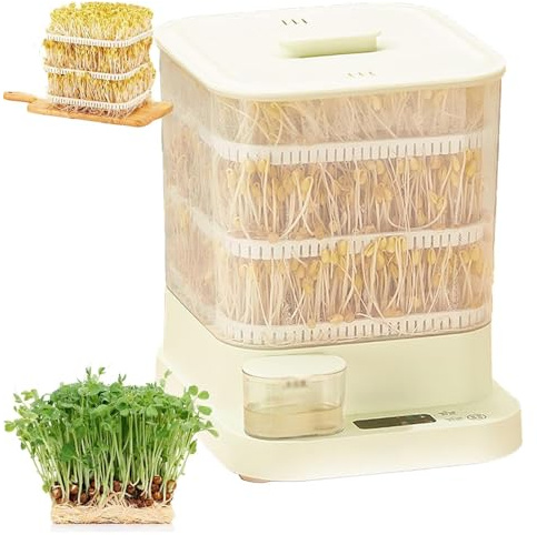 Máquina automática de brotes de frijoles, 3 capas con pantalla LED y tanque de agua de 1,5 L, pulverización automática de 360° para brotar en el hogar