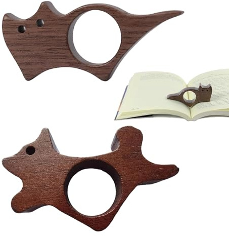 Set med 2 läsring i bambuträ - tumbokhållare med katt- och hundtryck - lästillbehör för att hålla öppen bok med en hand - perfekt present till läsare - storlek M