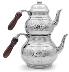Théière Turque en Cuivre Argenté avec Motifs, Artisanat Traditionnel, Cadeau Élégant pour Amateurs de Thé - Argent