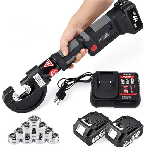 KPOUYYDS Electric Hydraulic Cable Crimping Tools, Cordless Battery Cable Lug Crimpers 12 Ton-12Molds(6AWG to 800MCM) 18V Copper Pipe Crimper for Cu/Al Terminals, Continuous Wire Crimper Pliers