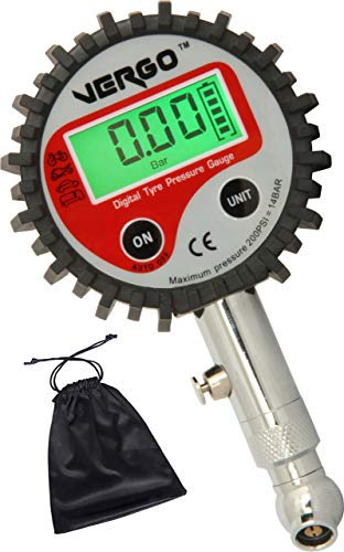 VERGO Jauge Digitale de Pression des Pneus - Manomètre Digital pour Pneus de Voiture Auto Camion Moto -Ecran LCD éclairé - Unités de Mesure Bar, Psi, kPa, kg/cm2–0-200 Psi/0-14 Bar-Batteries Incluses