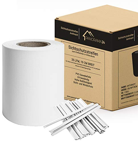 Panorama24 Strisce frangivista in PVC bianco RAL9010, 35 m x 19 cm, con clip di fissaggio, doppia asta per recinzione da giardino, pellicola opaca