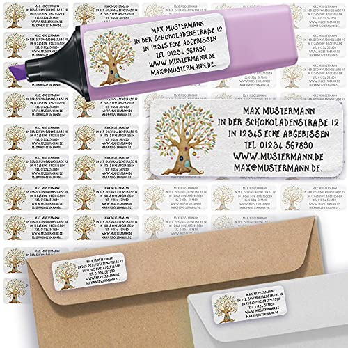 Adressaufkleber Baum Tree Absenderetiketten personalisiert 45 Stück | Etiketten mit Wunschadresse Namensaufkleber Schule Adresslabel Ordner Büro Alltag klar bedruckt selbstklebend