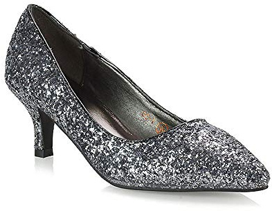 Womens Low Heel Pointed Toe Court Shoes Ladies Slip On Glitter Bridal Party Kitten Heel Pumps 3-8
