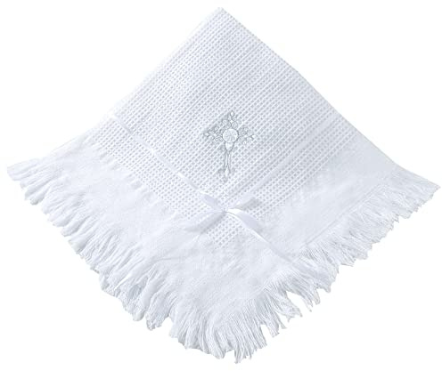 Booulfi Coperta per neonati per ragazzi e ragazze, scialle per allattamento, con nastro a nido d'ape, coperta con frange e croce ricamata, colore bianco, neutro, dimensioni 45 x 45 cm