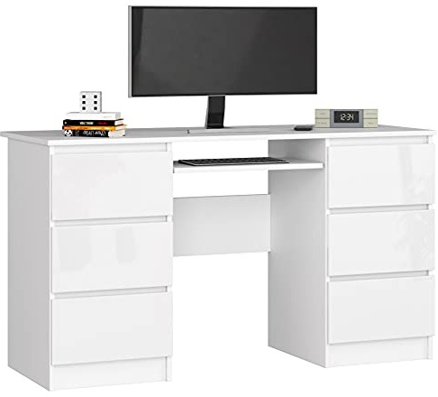 Schreibtisch Klein mit Schubladen | Office Desk | Computertisch | Bürotisch mit Tastaturablage | Holz Deko | B135 x H77 x T50 cm, 60 kg
