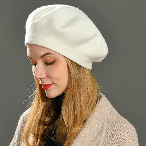 oonui Baskenmütze Damen Winter-Barett-Hut Für Frauen Flach Gestrickte Kaschmir-Hut-Kappen-Herbst-Dame-Kaschmir-Frauen-Kappen-Frauen-Ballonjungen-Baskenmützen,Weiß,54~58Cm