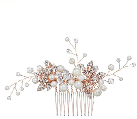 Tanduaji Braut Haarkamm Perlen Blumen Kristall Strass Haarschmuck,Brautschmuck Vintage Hochzeits Haarkamm Roségold Überzogen