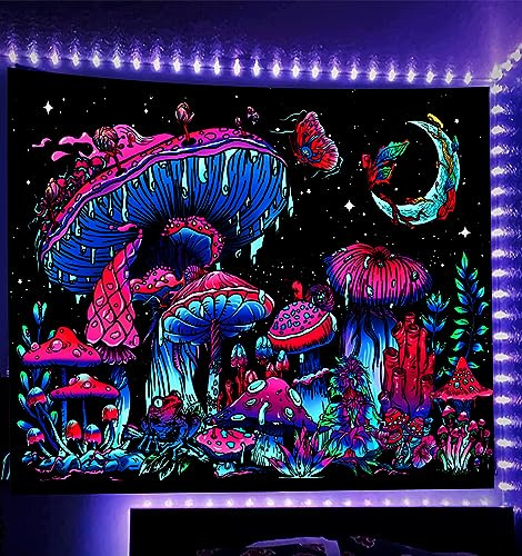 TUGCAY Blacklight Mushroom Tapestry, Glow In The Dark Tapestry Black Light Plant Fantasy UV Reactive Mushroom Butterfly Moon Tapestries Posters Wall Hanging for Bedroom Dorm Decor(50x60)