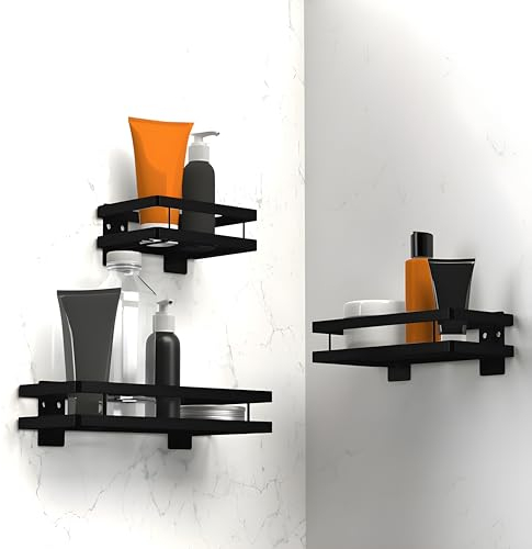 MN UNIT® Duschablage ohne Bohren - Badregal-3er Set, Rostbeständiges Wanddregal mit 6X Haken, Schwarz Matt für das Badezimmer, Küche zum Aufbewahrung von Zubehör. Duschablage ohne Bohren Schwarz
