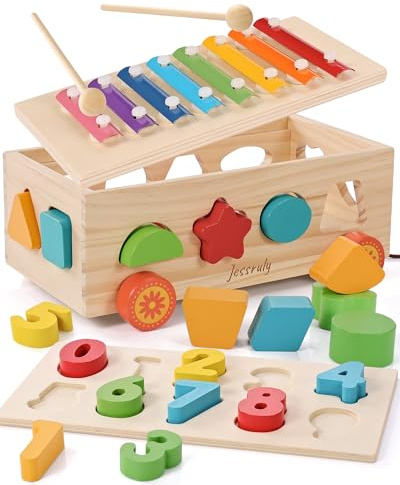 Jessruly Shape Sorter - Wooden Xylophone and Montessori Number Puzzle Set for Babies - Educational Sorting Game with Storage Car for Toddlers