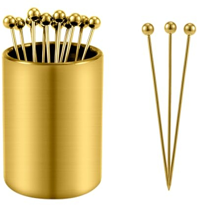 Juego de Soportes para Palillos de Cóctel de Metal, 12 Palillos de Cóctel Reutilizable Acero Inoxidable Palillos Decorativos para Aperitivos para Sándwiches, Snacks, Cócteles (Oro)