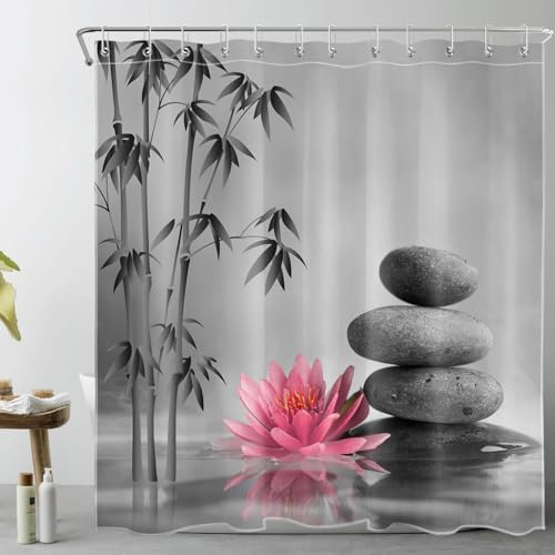 LB Graues Zen-Spa Duschvorhang 180x180cm Rosa Seerose Japanischer Bambuswald Antischimmel Wasserdicht Badezimmer Vorhänge, Graue Steine Polyester Stoff Bad Vorhang mit Haken