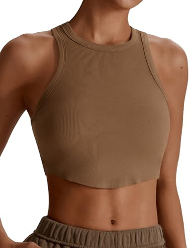SEAUR Sport crop toppar damer ärmlös racerback linne tight kort magfri topp rund hals smal passform lätt tunn skjorta gym fitness träning S M L, Brun (utan bröststoppning), M