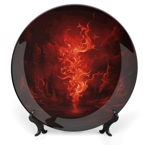 BTCOWZRV Rote Flamme Keramik Dekoteller Knochenporzellan Dekoteller mit Präsentationsständer Speiseteller Kunst Handwerk Keramik Ornamente für Wandbehang Dekoration