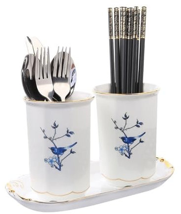 GLigeT Porta Mestoli da Cucina Portaposate in Ceramica da 2 Pezzi, Organizer portautensili Stile Lavaggio Inchiostro Cinese, portaposate da Cucina scolapiatti for Piano di Lavoro Porta Posate Cucina