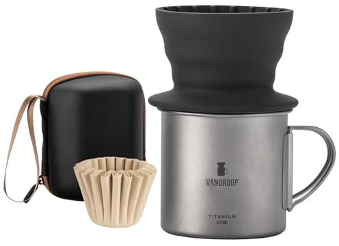 vandroop Titan Becher 400ml Camping Tasse mit Silikon Korbfilter Kaffeefilter wiederverwendbar, Tragbares Kaffeebereiter Set (Schwarz, mit Korbfilterpapier 10 Stk)