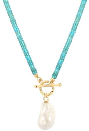 Aobei Pearl 18K Gold Medallion Coin/Baroque Pearl/Puffy Heart/Turquoise Pendant Necklace for Women Handmade Toggle Jewelry