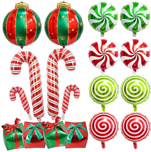 Palloncini natalizi in alluminio, 18 palloncini natalizi a forma di lecca-lecca e confezione regalo, palloncini in Mylar, decorazione natalizia rossa e verde per feste di Capodanno