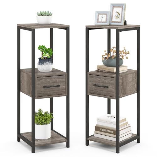 COSTWAY 3 Etagen Metall Pflanzenständer, 60 kg, Blumenständer mit Schublade & Kippschutz, Pflanzentreppe Holz, Blumenregal Blumentreppe Pflanzenregal, für Balkon Indoor, 30,5x30,5x92 cm, Grau (2 Pack)