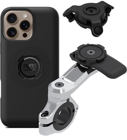 Quad Lock Motorcycle Pro Handlebar Phone Holder Chrome with Vibration Damper and MAG Case for iPhone 16 Pro Max