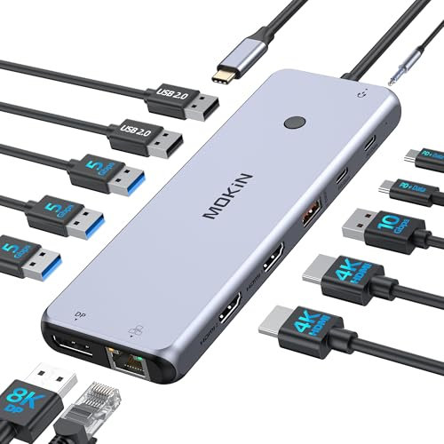 Docking Station Triple Pantalla 13 en 1 con Dual HDMI y DisplayPort, USB-C a Ethernet, 2 puertos USB-C (100 W PD/10 Gbps), 6 puertos USB-A 3.1/3.0/2.0 y Audio para Dell HP Lenovo