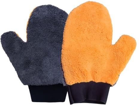 LHDOS 2PCS Coral Fleece Car Wash Mitts, No Scratch Microfiber Wash Mitt Car Cleaning Glove with Thumb, Reusable Dusting Mitt with Elastic Wrist Cuff for Car Washing and Detailing (Thumb Glove)