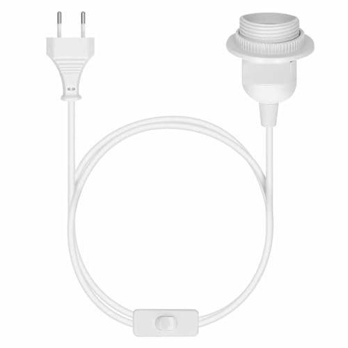 TECHZOCO Portalámpara E27 con Interruptor, Adaptador de lámpara e27, Base para Bombilla, Enchufe + Interruptor ON/Off, Longitud de 2 Metros, Casquillo E27 Cable 0,75 mm², máx. 60W, Blanco