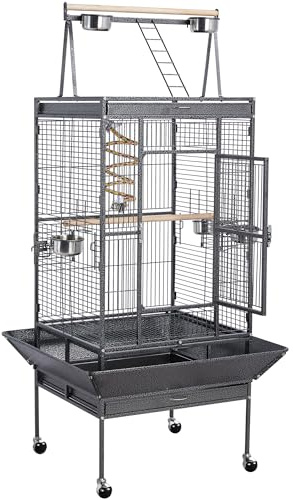 Soberine Gabbia Voliera Grande per Uccelli Pappagalli Parrocchetti Calopsita 81 x 76 x 174 cm in Metallo e Legno con Ruote da Interno e Esterno