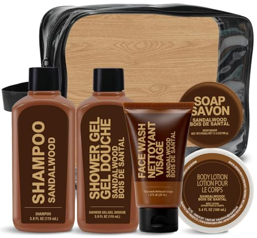 BODY & EARTH Sandelträ vårdset män – 6-delat badset med parfym, schampo, duschgel, kroppslotion, tvål och en, förvaringsväska, present till födelsedag, alla hjärtans dag
